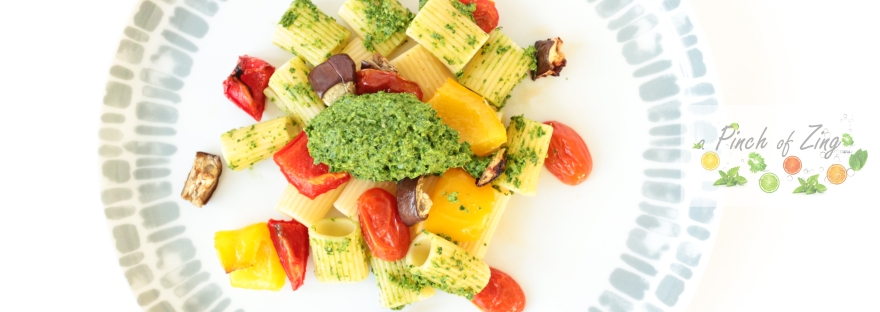 Kale pesto pasta with roasted vegetables (Vegan)